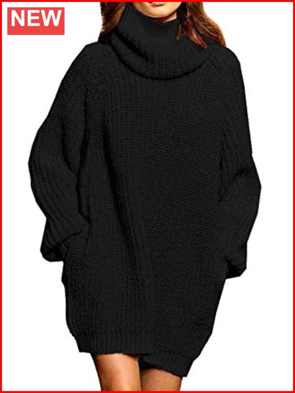 Oversized Turtleneck Sweater Dress Chunky Knit Pullover with Pockets